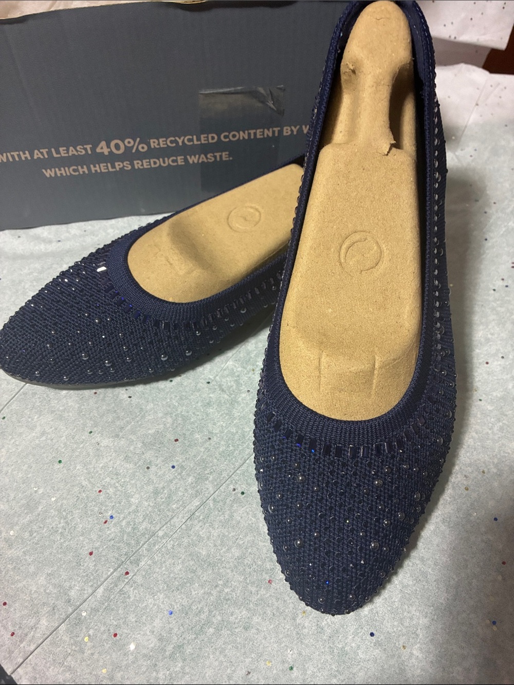 Skechers Navy Pointed Toe Knit Ballet Flats with Sparkle